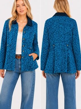 Free People gypsy Jacard, plated, military coat in teal rare'